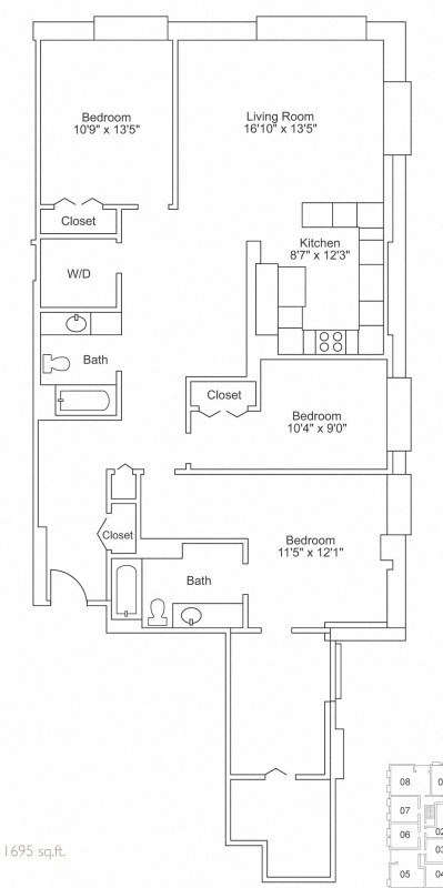 Floor plan for 3 beds, 2 baths, 1695 sqft